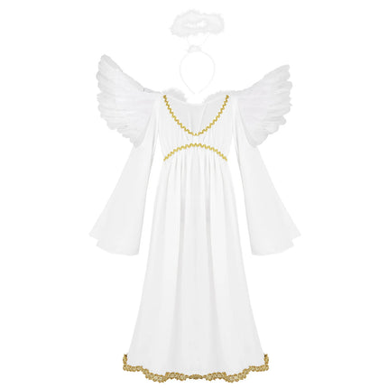 Sweet Girls Angel Costume Outfits Kids White Fancy Princess Church Robes Angel Dress+Feather Wings+Headband Dress Up 3Pcs Set