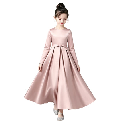 Satin First Communion Dress Round Neck Full Long Sleeve Bow A Line Modest Kids Flower Girl Gown for Church Piano Wedding Party