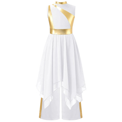 Kids Girls Liturgical Praise Dance Sets Metallic Patchwork Sleeveless Asymmetrical Hem Lyrical Church Dress with Wide-Leg Pants