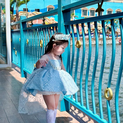 Summer Girls Korea Birthday Lace Blue Cute Shiny Wedding Ball Gown Bow Party Dress Princess Floral Baby Children Lolita Skirts