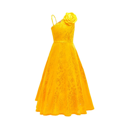 Summer Yellow One-Shoulder Princess Dress With Rose Print Pattern Flower Girls Wedding Party Costume Kids Cosplay Judy Ball Gown