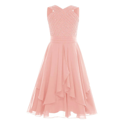 Shiny Rhinestone Chiffon Party Dress for Kids Girls Elegant Princess Birthday Formal Wedding Gown Sleeveless Knee-length Dresses