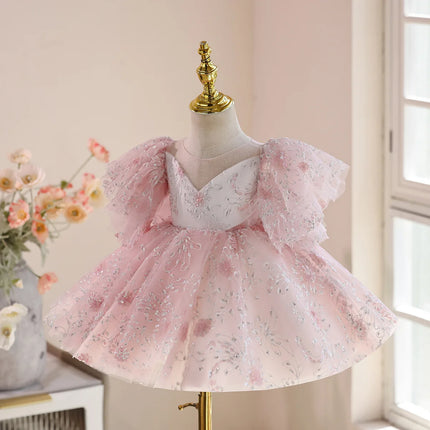 Children Light Luxury Pink Host Performance Princess Ball Gown Girls Cute Birthday Wedding Party Dress g340