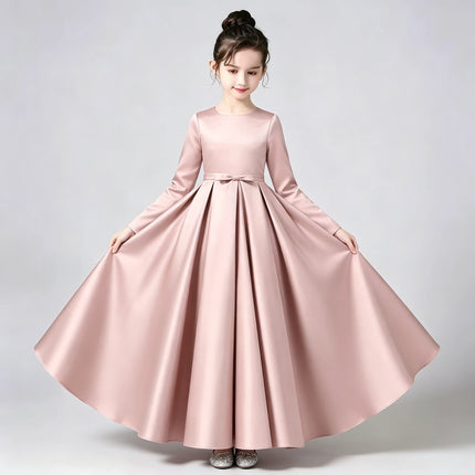 Satin First Communion Dress Round Neck Full Long Sleeve Bow A Line Modest Kids Flower Girl Gown for Church Piano Wedding Party