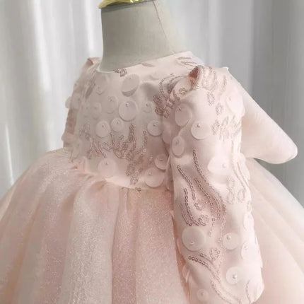 Girls' New Style First Birthday Wedding Dress Party Elegant Puffy Long Sleeve Embroidered Sequin Bow Princess Dress