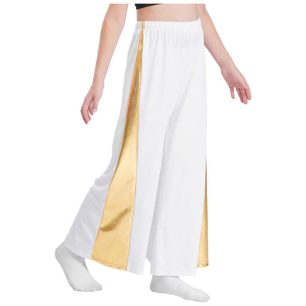 Kids Girls Liturgical Praise Dance Sets Metallic Patchwork Sleeveless Asymmetrical Hem Lyrical Church Dress with Wide-Leg Pants