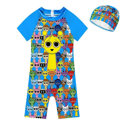 Summer Sprunki Plush Swimwear Kids Costume Toddler Baby One-piece Swimming Cap Bathing Suit Boys Girls Sprunki Print Beachwear