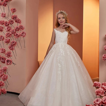 Lace Tulle Flower Girl Dress For Wedding Sleeveless with Cape Puffy Shining Elegant Princess First Communion Birthday Gowns 2024