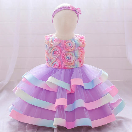 Toddler Colorful Flower 1st Birthday Baby Girl Dress Elegant Wedding Party Baptism Princess Dresses Girl Bow Bridesmaids Costume