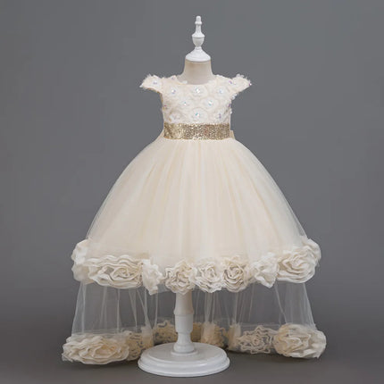 Flower Girl Dress 3D Rose Lace Tulle Sequin Waistband Princess Gown Birthday Holiday Wedding Party Formal Girls Dresses 3-12Y