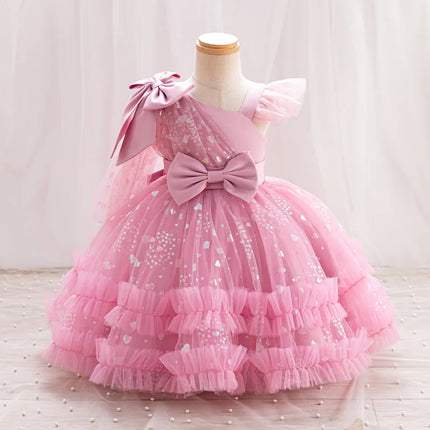 Baby Girls Sequin Bow Birthday Baptism Dress Party Dresses For Toddler Kids Pink Lace Evening Gown Children Fashion Summer Wear