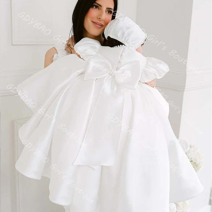 Baby Girls Baptism Dress Newborns Pearl Neck Puff Sleeves Christening Dress with Bow Custom Wedding Party Gowns for Flower Girls