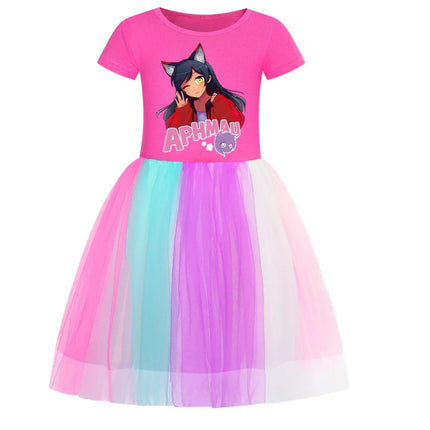 Aphmau Cat Clothes Kids Summer Short Sleeve Dress Baby Girls Magic Mesh Casual Dresses Children Princess Wedding Party Vestidos