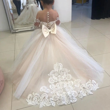 BABYONLINE Flower Girl Dresses For Weddings Long Sleeve Lace Tulle Bow Back Children's Elegant Dress vestidos para niñas