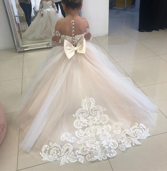 BABYONLINE Flower Girl Dresses For Weddings Long Sleeve Lace Tulle Bow Back Children's Elegant Dress vestidos para niñas