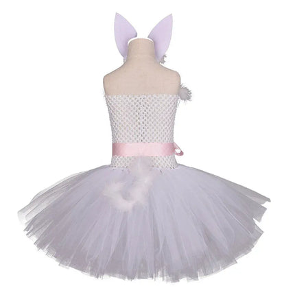 2Pcs Rabbit Costume Set White Size 110 Lovely Easter Party Headdress Dress Kid Festival Outfit Girl Cosplay Birthday Gift