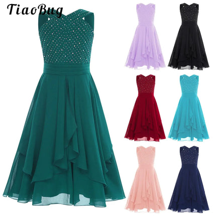 Shiny Rhinestone Chiffon Party Dress for Kids Girls Elegant Princess Birthday Formal Wedding Gown Sleeveless Knee-length Dresses