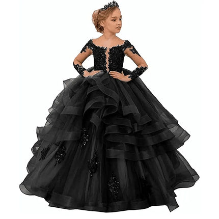 Party Dress New Lace Court Princess Costume Kids LongPerformance Ball Gown with Train Dresses Sleeve Flower Girl Wedding Gown