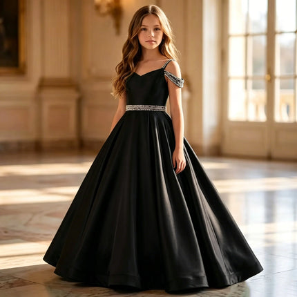 White Elegant Satin Child Wedding Party Dresses Long Beaded Off Shoulder Birthday Flower Girl DressFormal Evening Gowns forGirls