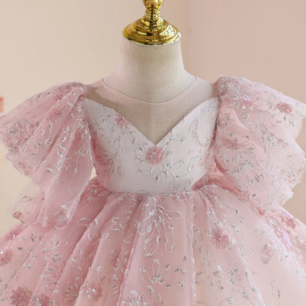 Children Light Luxury Pink Host Performance Princess Ball Gown Girls Cute Birthday Wedding Party Dress g340