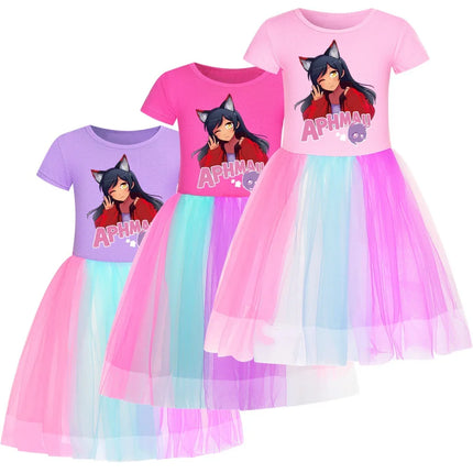Aphmau Cat Clothes Kids Summer Short Sleeve Dress Baby Girls Magic Mesh Casual Dresses Children Princess Wedding Party Vestidos