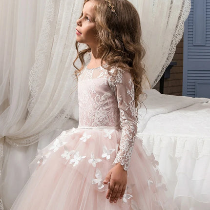 Elegant and lovely butterfly floor mopping flower girl wedding dress, lace long sleeved ball dress