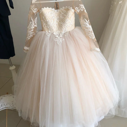 1-13 Years Lace Tulle Flower Girl Dress Up Buttons Bows Children's First Communion Ball Gown Wedding Party Bridesmaid Dress Kids