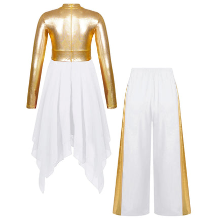 Kids Girls Praise Clothes Set Ballet Lyrical Performance Costume Metallic Church Christian Worship Robe Dress Tunic Dancewear
