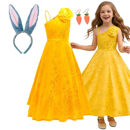 Summer Yellow One-Shoulder Princess Dress With Rose Print Pattern Flower Girls Wedding Party Costume Kids Cosplay Judy Ball Gown