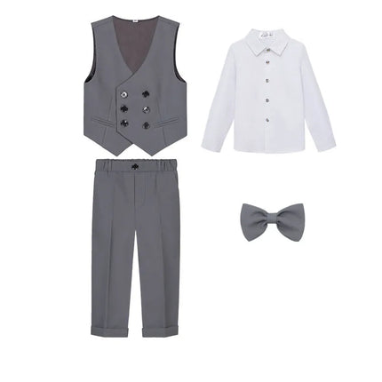 Teenager Kids Beige WaistCoat Shirt Pants Bowtie Tuxedo Dress Boys Vest Suit For Wedding Children Host Photograph Party Costume