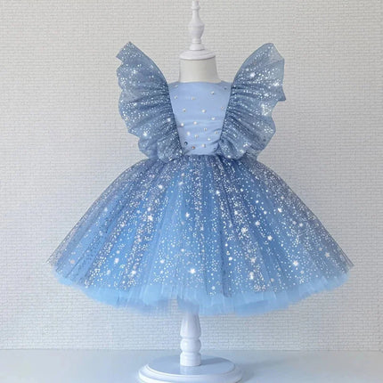 Toddler Baby Girls Luxury Star Sequins Flying Sleeve Bow Princess Dress For Infant 1st Year Birthday Baptism Christmas Prom Gown