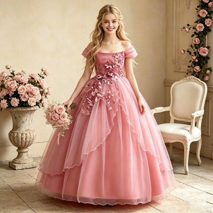 Elegant Wedding Bridemaids Party Girls Dress Tulle Bow Birthday Princess Dresses for Kids Flower Christmas Prom Evening Costumes
