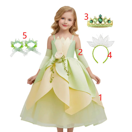 Summer Delicate Yellow Green Frock Flower Girls Wedding Party Dress Birthday Tiana Cosplay Princess and Frog Fairy Tale Costume