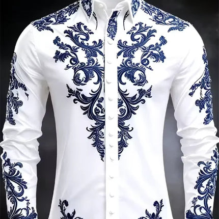 Men's Luxury Baroque Print White Satin Dress Shirt Long Sleeve Slim Fit Formal Business Party Button Down Shirt