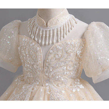 High-end Sequin Flower Girl Dress Puff Sleeve White Mesh Wedding Dress Knee Length Fashion Evening Appliques Outfit Clothes