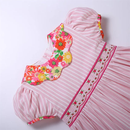 Pettigirl Girls Summer Pink Smocked Princess Dresses with Flower Embroidery for Kids Children Wedding Party 261012Years Old