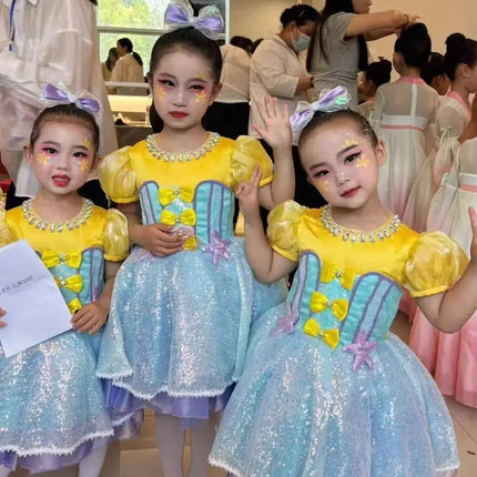 Child Sequined Modern Dance Tutu Dress Girls Jazz Dance Dresses For Prom Stage Wear Wedding Princess Dress Ballroom Clothing