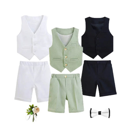 Kids Vest Shirt Shorts Bowtie Ceremony Costume Boys Silm Fit Wedding Dress Children Summer Green Breathable Photography Suit