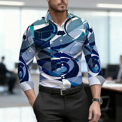 Men's shirt, personalized contrasting color abstract printed shirt, trendy artistic style, long sleeved lapel shirt, casual top