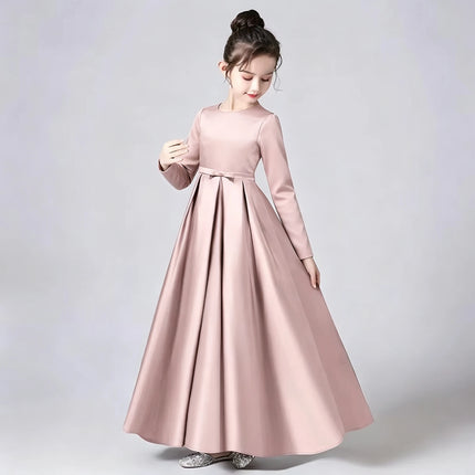 Satin First Communion Dress Round Neck Full Long Sleeve Bow A Line Modest Kids Flower Girl Gown for Church Piano Wedding Party