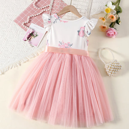 Toddler Girls Floral Print Fly Sleeve Princess Dress Pink Sash Bow Tulle Tutu Dress Kids Summer Birthday Party Casual Wedding Pa