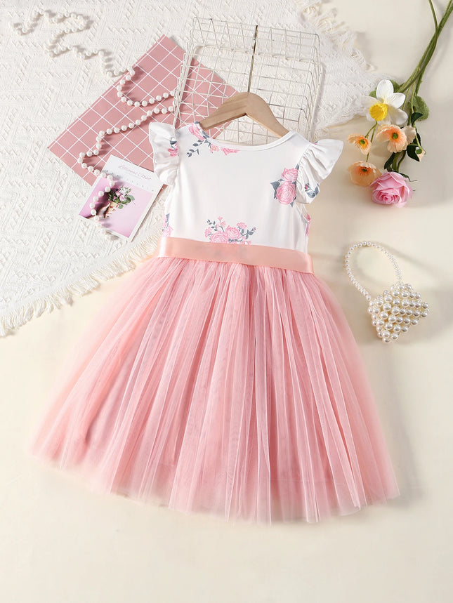 Toddler Girls Floral Print Fly Sleeve Princess Dress Pink Sash Bow Tulle Tutu Dress Kids Summer Birthday Party Casual Wedding Pa