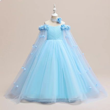 Elegant Girls Flower Long Party Dress Kids Fluffy Wedding Bridesmaid Prom Gown Girl 2pcs Tutu Birthday Clothes Fashion Costumes