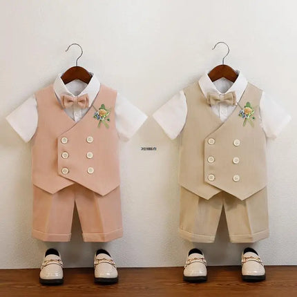 Boys Summer Vest Shorts Performance Suit Children Formal Wedding Dress Kids Photography Suit Baby Birthday Ceremony Costume