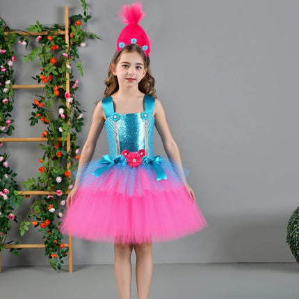 Trolls Tutu Dress for Girls Princess Poppy Birthday Costumes Carnival Party Costume Toddler Kids Pumpkin Dress Up DanceTutu Dres