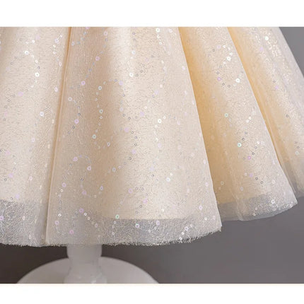High-end Sequin Flower Girl Dress Puff Sleeve White Mesh Wedding Dress Knee Length Fashion Evening Appliques Outfit Clothes
