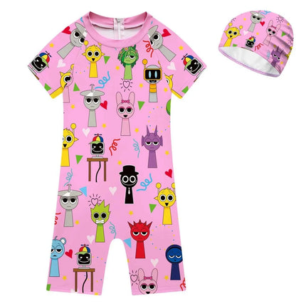 Summer Sprunki Plush Swimwear Kids Costume Toddler Baby One-piece Swimming Cap Bathing Suit Boys Girls Sprunki Print Beachwear