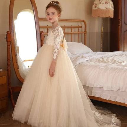 Elegant Wedding Flower Girl Dress, Long Sleeve Lace Tulle Tutu Dress, Formal Children's Wedding Party Dress, Communion Ceremony