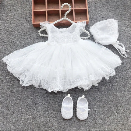 Newborn Baby Girls Baptism Dress White Lace Princess Infant Dress With Hat Kids First Birthday Ball Gown For 3-24 Month