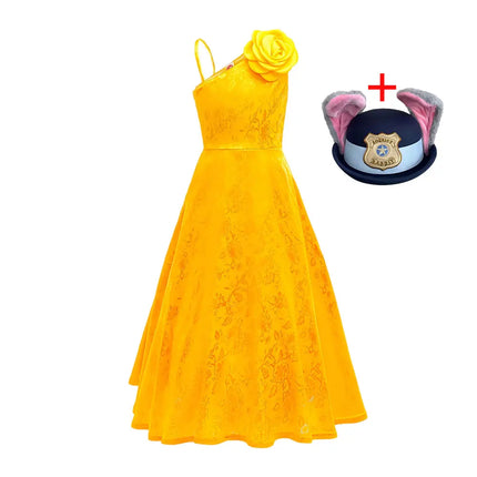 Summer Yellow One-Shoulder Princess Dress With Rose Print Pattern Flower Girls Wedding Party Costume Kids Cosplay Judy Ball Gown